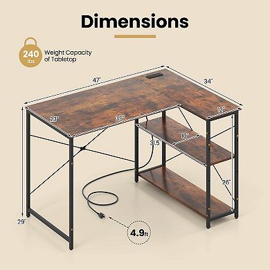 Costway L-Shaped Computer Desk with Power Outlets Adjustable shelf Heavy-Duty Metal Frame