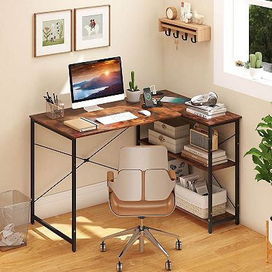 Costway L-Shaped Computer Desk with Power Outlets Adjustable shelf Heavy-Duty Metal Frame