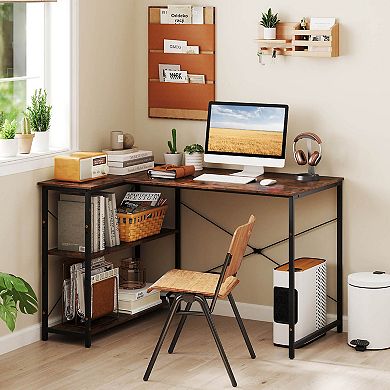 Costway L-Shaped Computer Desk with Power Outlets Adjustable shelf Heavy-Duty Metal Frame