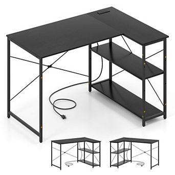 Costway L-Shaped Computer Desk with Power Outlets Adjustable shelf Heavy-Duty Metal Frame