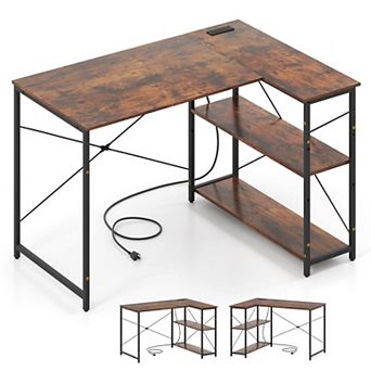 Costway L-Shaped Computer Desk with Power Outlets Adjustable shelf Heavy-Duty Metal Frame