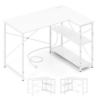 Costway L-Shaped Computer Desk with Power Outlets Adjustable shelf Heavy-Duty Metal Frame