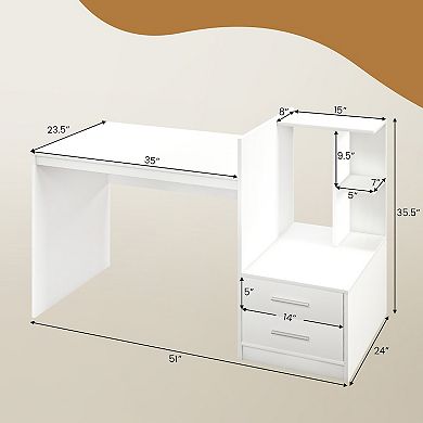 Costway Computer Desk Laptop Table Writing Study Desk Home Office with Bookshelf Drawers
