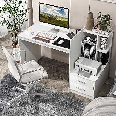 Costway Computer Desk Laptop Table Writing Study Desk Home Office with Bookshelf Drawers