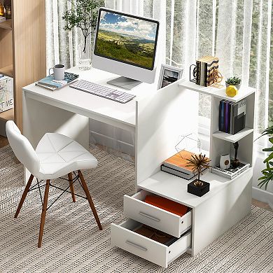 Costway Computer Desk Laptop Table Writing Study Desk Home Office with Bookshelf Drawers