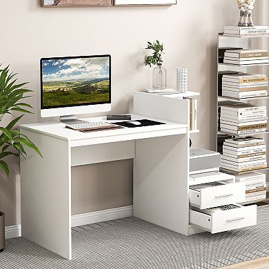 Costway Computer Desk Laptop Table Writing Study Desk Home Office with Bookshelf Drawers