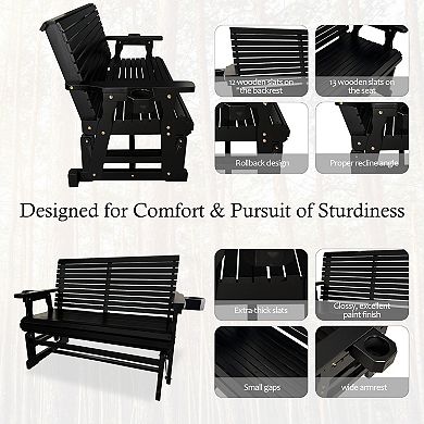 2 Seater Black Patio Glider with Cup Holders, High Roll Back and Deep Contoured Seat