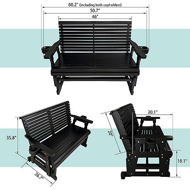 2 Seater Black Patio Glider with Cup Holders, High Roll Back and Deep Contoured Seat