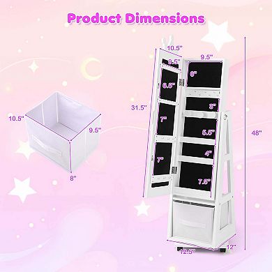 Costway Kids Jewelry Cabinet with Full-Length Mirror Foldable Drawer Anti-toppling System