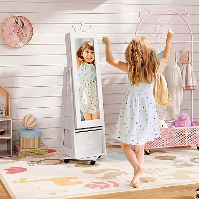 Costway Kids Jewelry Cabinet with Full-Length Mirror Foldable Drawer Anti-toppling System