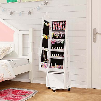 Costway Kids Jewelry Cabinet with Full-Length Mirror Foldable Drawer Anti-toppling System