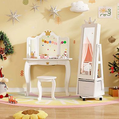 Costway Kids Jewelry Cabinet with Full-Length Mirror Foldable Drawer Anti-toppling System