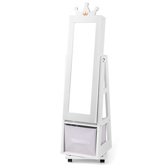 Costway Kids Jewelry Cabinet with Full-Length Mirror Foldable Drawer Anti-toppling System