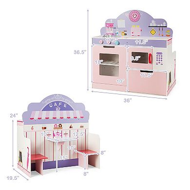 Costway 2 in 1 Kids Play Kitchen & Cafe Restaurant Wooden Pretend Cooking Playset Toy