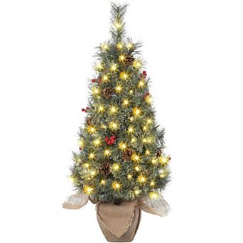 3ft Pre-Lit Tabletop Christmas Tree with Led Lights & Burlap Bag Base- 78 LEDs, Berry Clusters