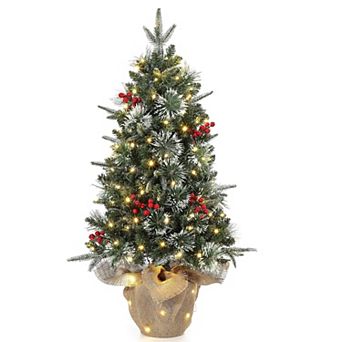 Christmas Tree 3FT Pre-Lit Artificial Xmas Tree with 78 LED Lights,Burlap Base,Red Berries,8 Modes