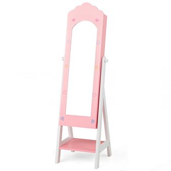 Costway Kids Jewelry Cabinet with Full-Length Mirror, Freestanding Jewelry Armoire Organizer