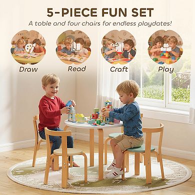 Qaba 5 Piece Kids Table and Chair Set, Wooden Table and 4 Chairs