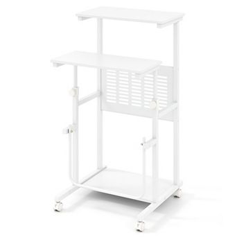 Costway Mobile Stand Up Desk Height Adjustable Computer Standing Desk with wheels Footrest,White