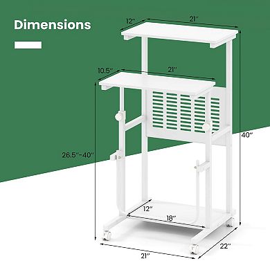Costway Mobile Stand Up Desk Height Adjustable Computer Standing Desk with wheels Footrest,White