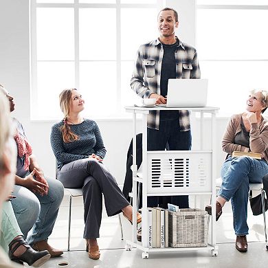 Costway Mobile Stand Up Desk Height Adjustable Computer Standing Desk with wheels Footrest,White