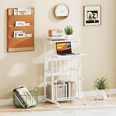Costway Mobile Stand Up Desk Height Adjustable Computer Standing Desk with wheels Footrest,White
