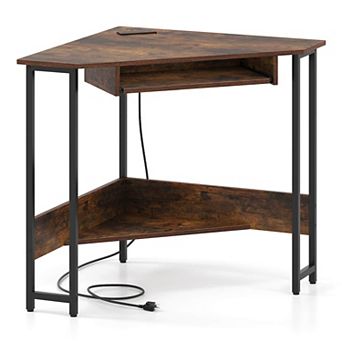 Costway Triangle Corner Computer Desk w/ Charging Station Keyboard Tray Storage Shelf