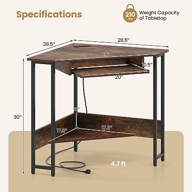 Costway Triangle Corner Computer Desk w/ Charging Station Keyboard Tray Storage Shelf