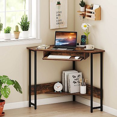Costway Triangle Corner Computer Desk w/ Charging Station Keyboard Tray Storage Shelf