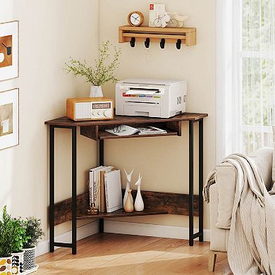 Costway Triangle Corner Computer Desk w/ Charging Station Keyboard Tray Storage Shelf