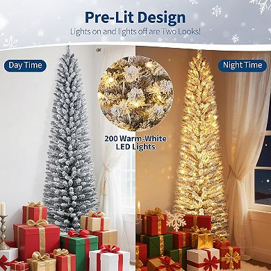 6/7.5/9FT Prelit Flocked Pencil Christmas Tree with Lights for Home, Shop, Hotel Decorations
