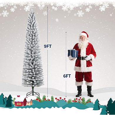 6/7.5/9FT Prelit Flocked Pencil Christmas Tree with Lights for Home, Shop, Hotel Decorations
