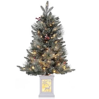 3ft Pre-Lit Artificial Christmas Trees with Elk Potted Base - 78 LEDs, Snowflakes