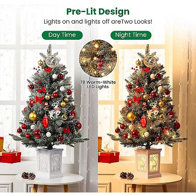 3ft Pre-Lit Artificial Christmas Trees with Elk Potted Base - 78 LEDs, Snowflakes