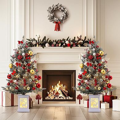 3ft Pre-Lit Artificial Christmas Trees with Elk Potted Base - 78 LEDs, Snowflakes