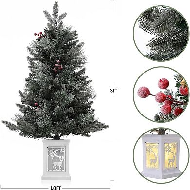 3ft Pre-Lit Artificial Christmas Trees with Elk Potted Base - 78 LEDs, Snowflakes