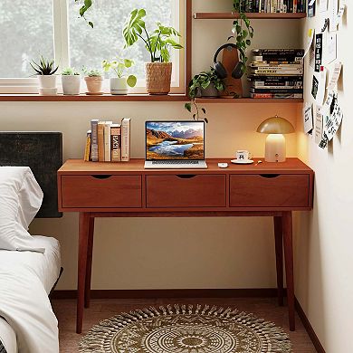 Costway Writing Desk 48" Computer Desk Mid Century Modern Work Table with 3 Drawers