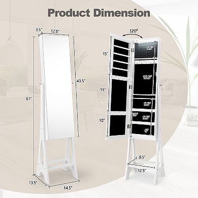Costway LED Jewelry Cabinet Armoire with Bevel Edge Mirror Organizer Mirrored Standing White
