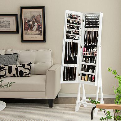 Costway LED Jewelry Cabinet Armoire with Bevel Edge Mirror Organizer Mirrored Standing White