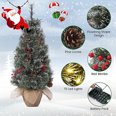 2PCS 3FT Pre-Lit Artificial Christmas Tree, 78 Led Lights and Snowy Branches, Burlap Wrapped Base