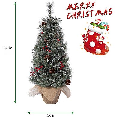 2PCS 3FT Pre-Lit Artificial Christmas Tree, 78 Led Lights and Snowy Branches, Burlap Wrapped Base