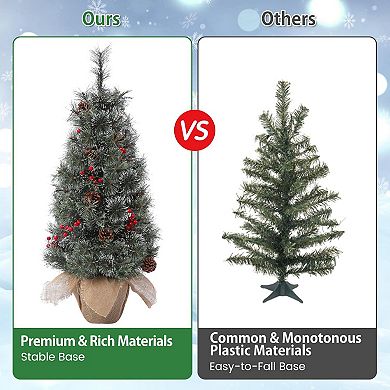 2PCS 3FT Pre-Lit Artificial Christmas Tree, 78 Led Lights and Snowy Branches, Burlap Wrapped Base