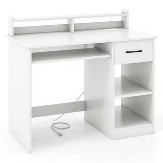 Costway White Computer Desk with Charging Station Drawer Removable Adjustable Shelf