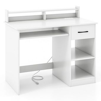 Costway White Computer Desk with Charging Station Drawer Removable Adjustable Shelf