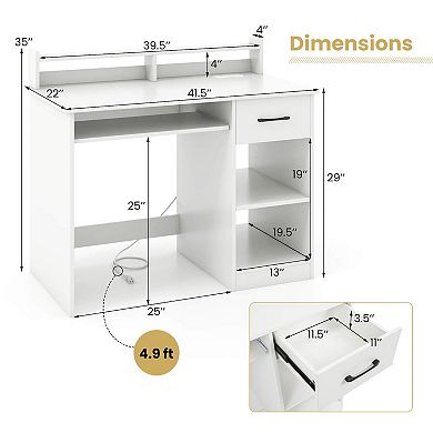 Costway White Computer Desk with Charging Station Drawer Removable Adjustable Shelf