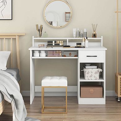 Costway White Computer Desk with Charging Station Drawer Removable Adjustable Shelf