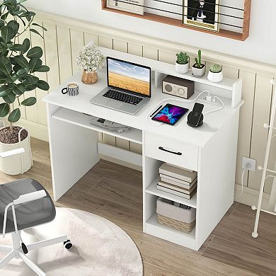 Costway White Computer Desk with Charging Station Drawer Removable Adjustable Shelf
