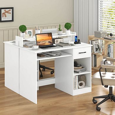 Costway White Computer Desk with Charging Station Drawer Removable Adjustable Shelf