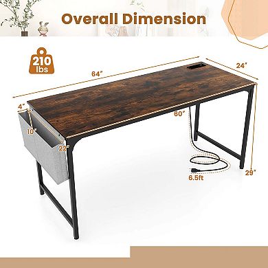 Costway 60" Modern Computer Desk with Charging Station with Storage Bag & Headphone Hook