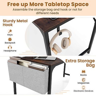 Costway 60" Modern Computer Desk with Charging Station with Storage Bag & Headphone Hook